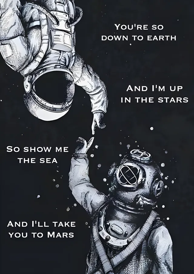Astronot ve Dalgıç - Yıldızlarla Deniz metal tablo
