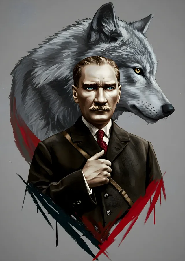 Atatürk ve Bozkurt: Kırmızı Fırça Portre metal tablo