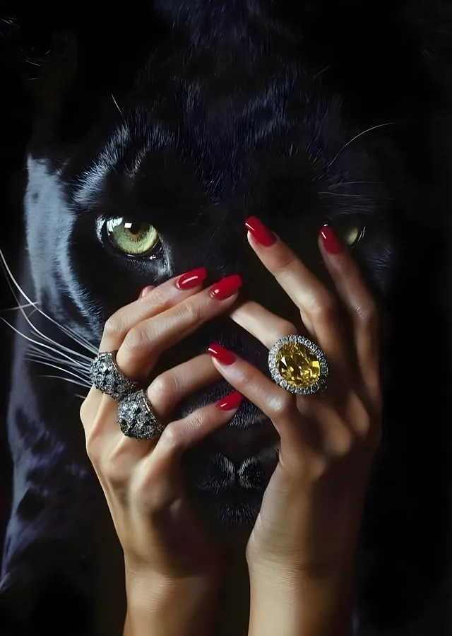 Mücevherli El ve Siyah Kedi: Zarif Bir Karşılaşma metal tablo