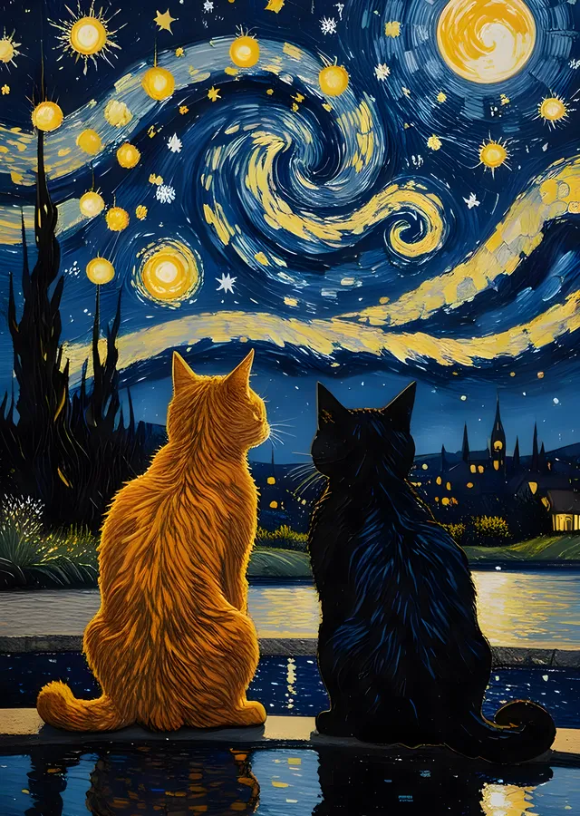 Van Gogh'dan İlhamla Kediler metal tablo