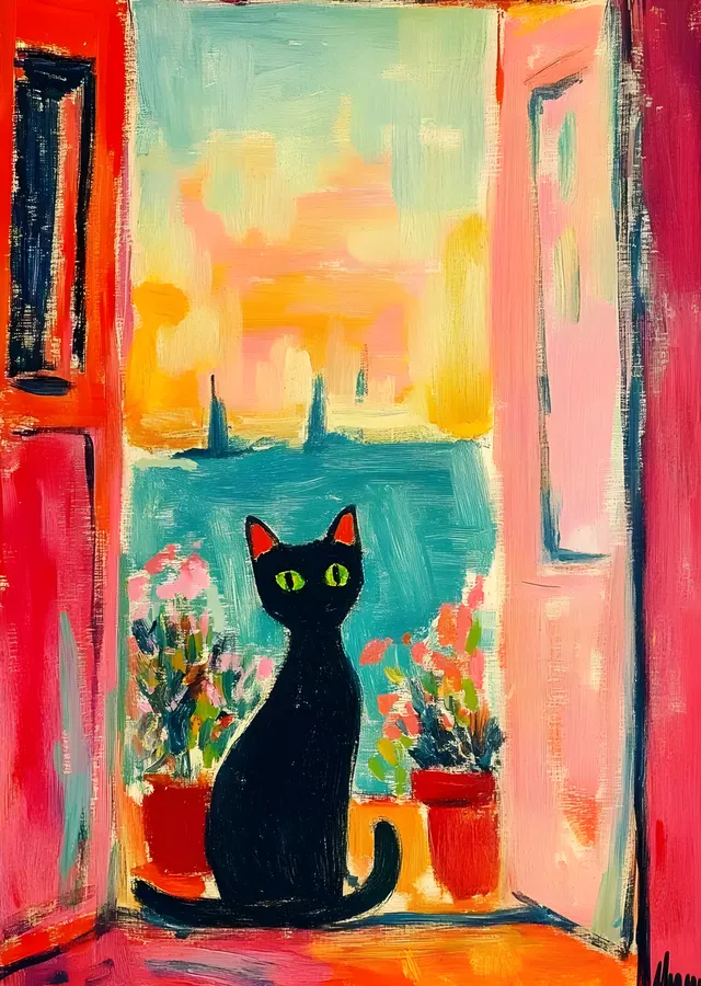 Pencerede Siyah Kedi metal tablo