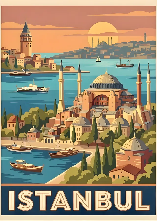 Turuncu Gökyüzü ve Lacivert Su Altında İstanbul Manzarası metal tablo
