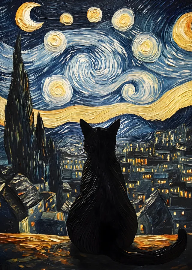 Yıldızlı Gece ve Kara Kedi metal tablo