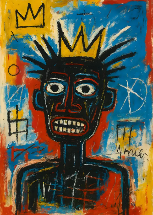 Jean-Michel Basquiat: Kırmızı, Mavi ve Sarı Çerçeveli Taçlı metal tablo