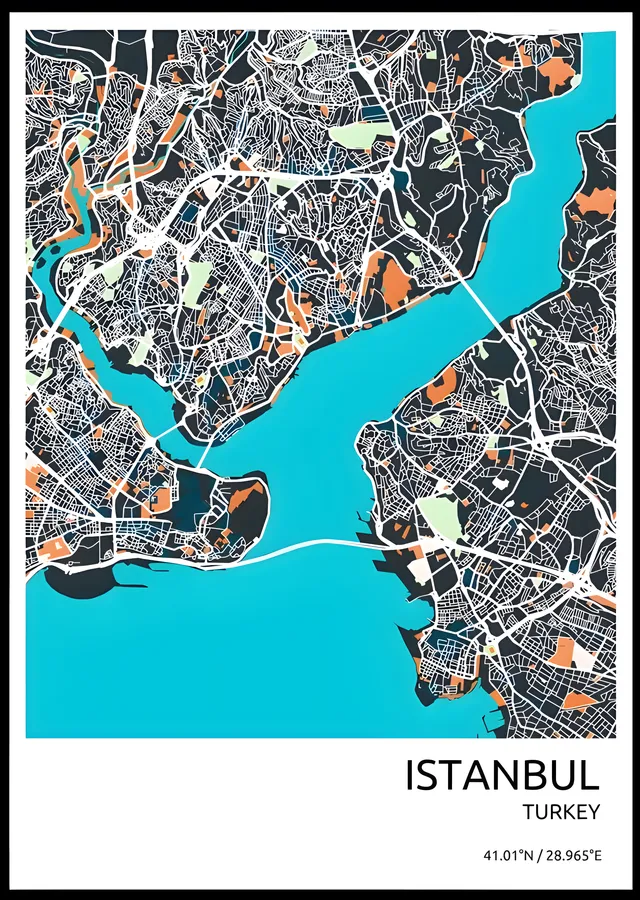 İstanbul Şehir Haritası - Turuncu ve Lacivert Renkli Şehir metal tablo