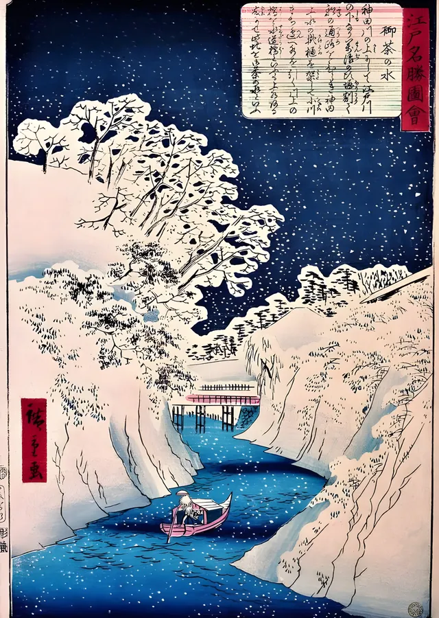 Hiroshige: Karlı Nehir metal tablo