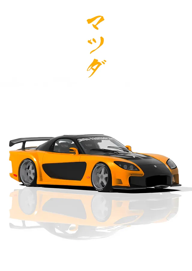 Mazda RX-7 - Turuncu Widebody ve Kanji metal tablo