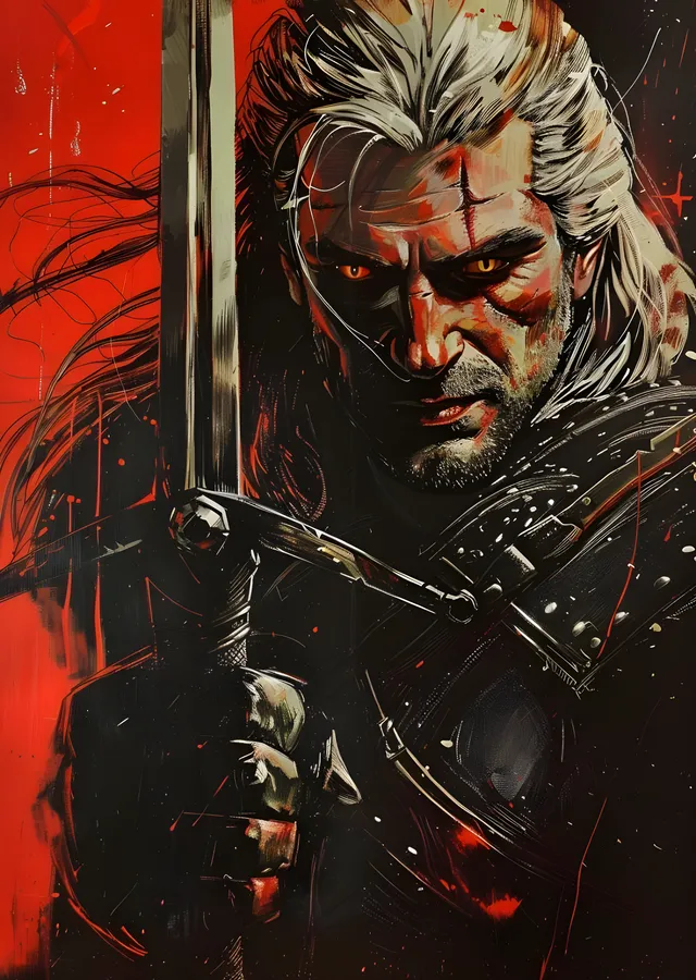 The Witcher: Kırmızı Zemin Portre metal tablo