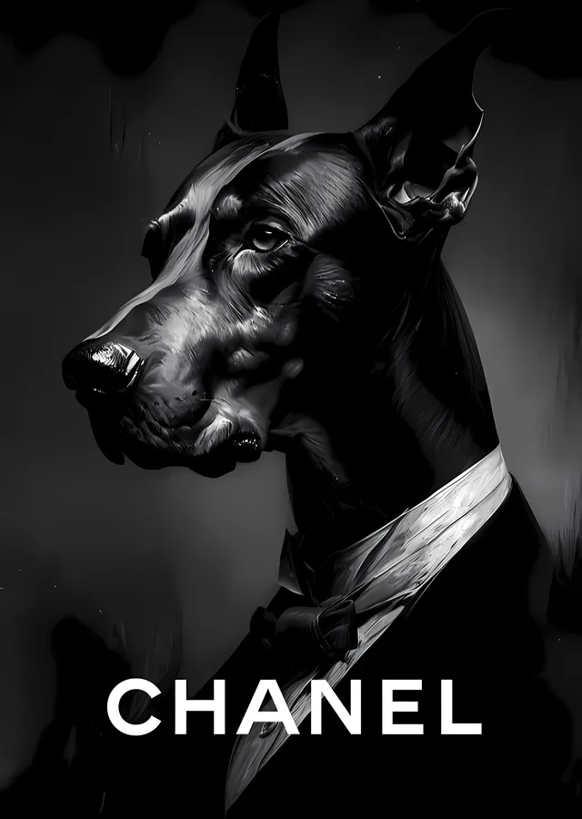 CHANEL: Siyah Boyama ve Doberman Portresi metal tablo