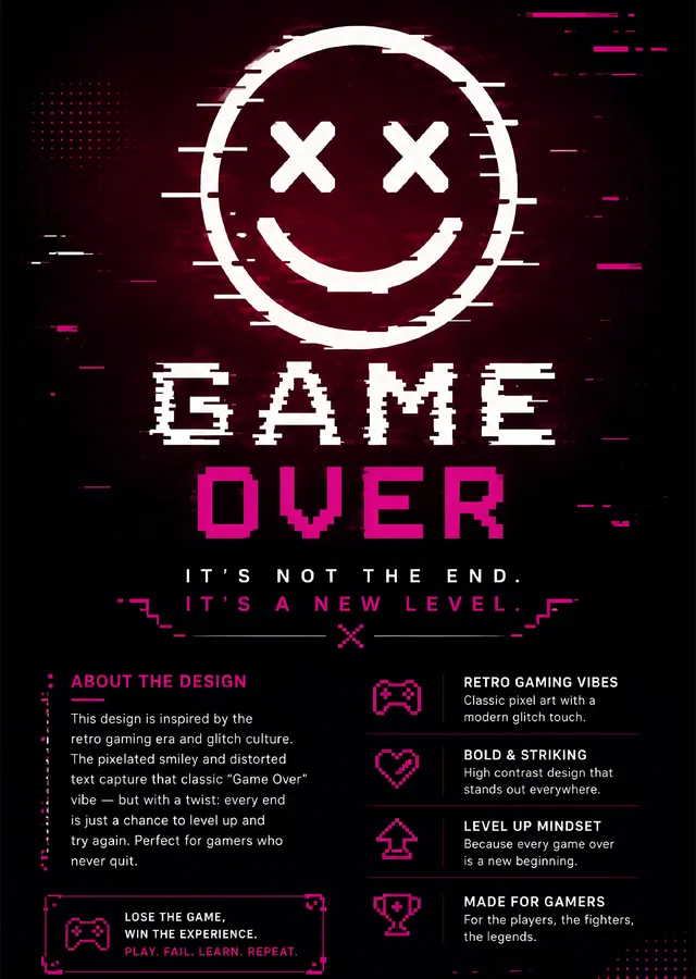 Game Over: Retro Glitch Smiley Design metal tablo