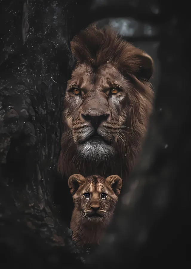 Aslan ve Yavrusu: Ormanın Koruyucuları metal tablo