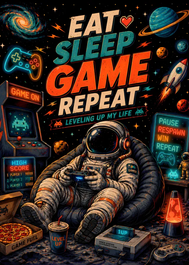 Eat Sleep Game Repeat: Retro Astronaut Gamer metal tablo