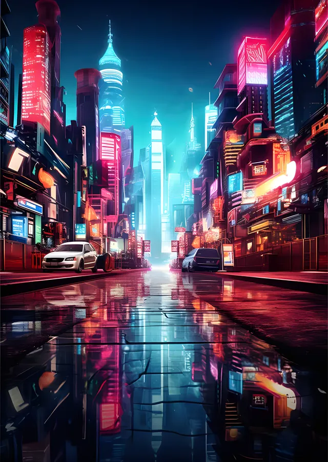 Neon Siberpunk Cadde - Islak Asfalt Yansıması metal tablo