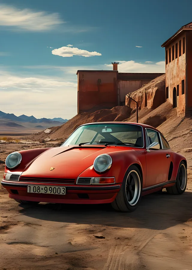 Kırmızı Porsche 911 - Çöl Kasabası metal tablo