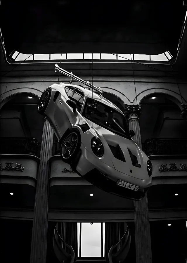 Porsche Otopark Siyah Beyaz metal tablo