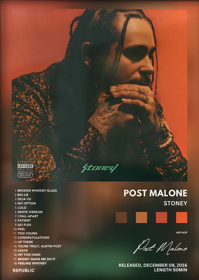 Post Malone: Stoney (Turuncu Zemin) metal tablo