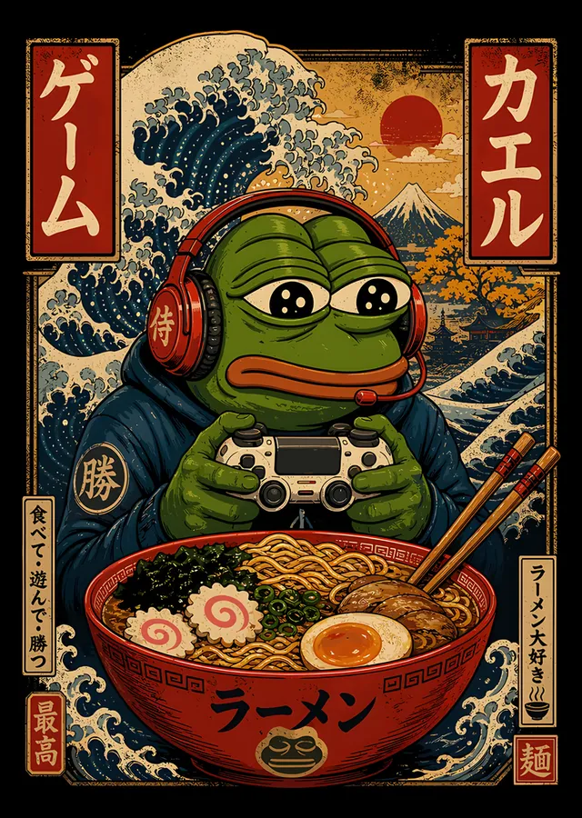 Ramen Kâsesinde Kulaklıklı Kurbağa metal tablo