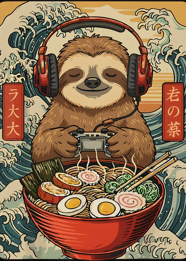 Ramen Kâsesinde Kulaklıklı Tembel Hayvan metal tablo