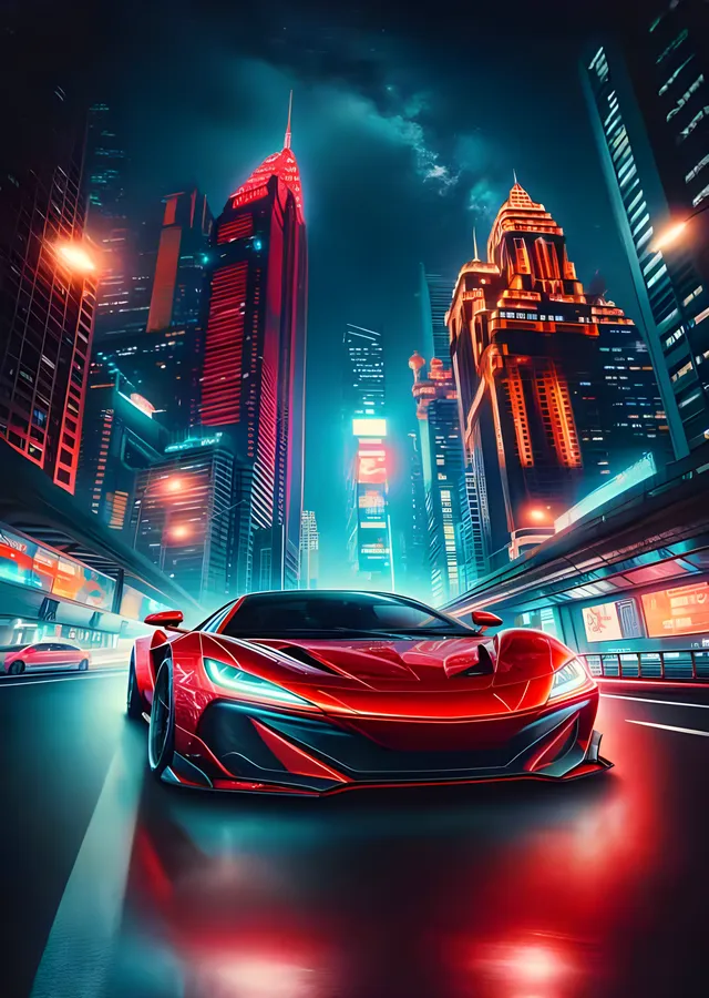 Kırmızı Süper Otomobil - Neon Gece Şehri metal tablo