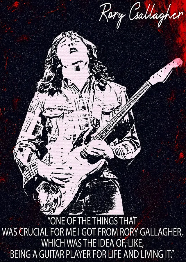Rory Gallagher: Kızıl Zeminde Beyaz Silüet metal tablo