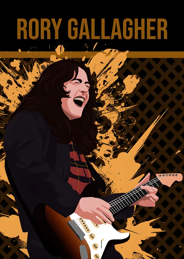 Rory Gallagher: Sarı Zeminde Vektörel Gitarist metal tablo