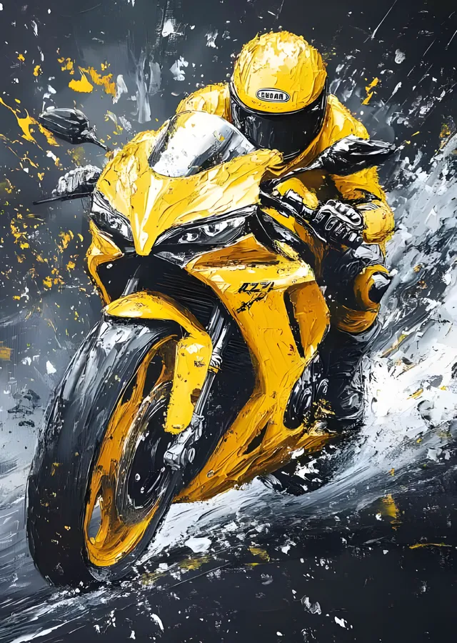 Sarı Spor Motosiklet Sürücüsü - Viraj Anı metal tablo