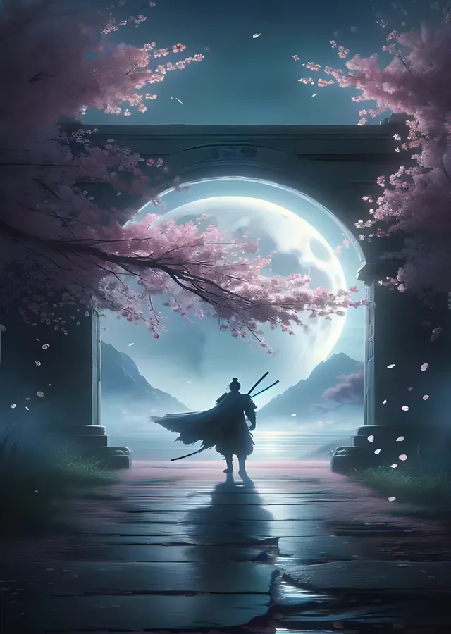 Sakura Kapısında Ay Işığı ve Yalnız Samuray metal tablo
