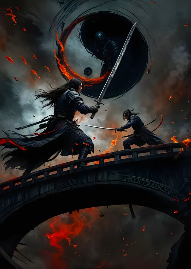 Köprüde Samuray Savaşı - Yin Yang Ateşi metal tablo