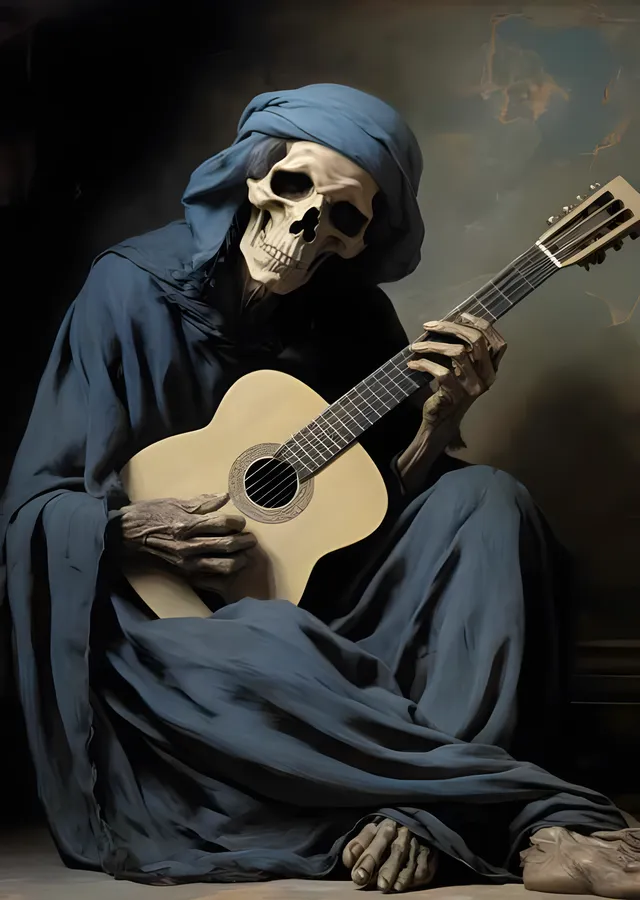 Mavi Cübbeli İskelet - Gitar Nağmesi metal tablo