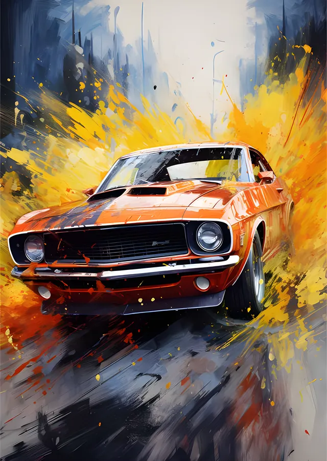 Shelby Mustang - Turuncu Sıçrama Boya Sanatı metal tablo
