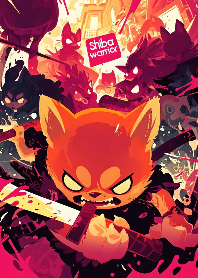 Shiba Warrior: Kızıl Zeminde Öfkeli Köpek metal tablo