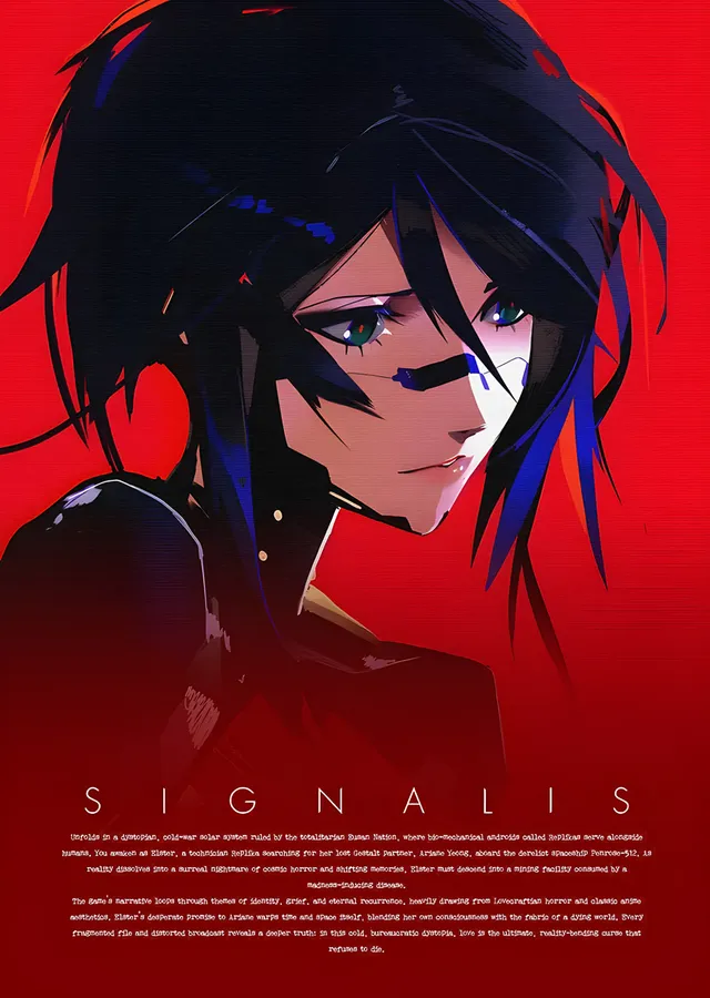 Signalis: Kızıl Zeminde Mavi Saçlı Android metal tablo