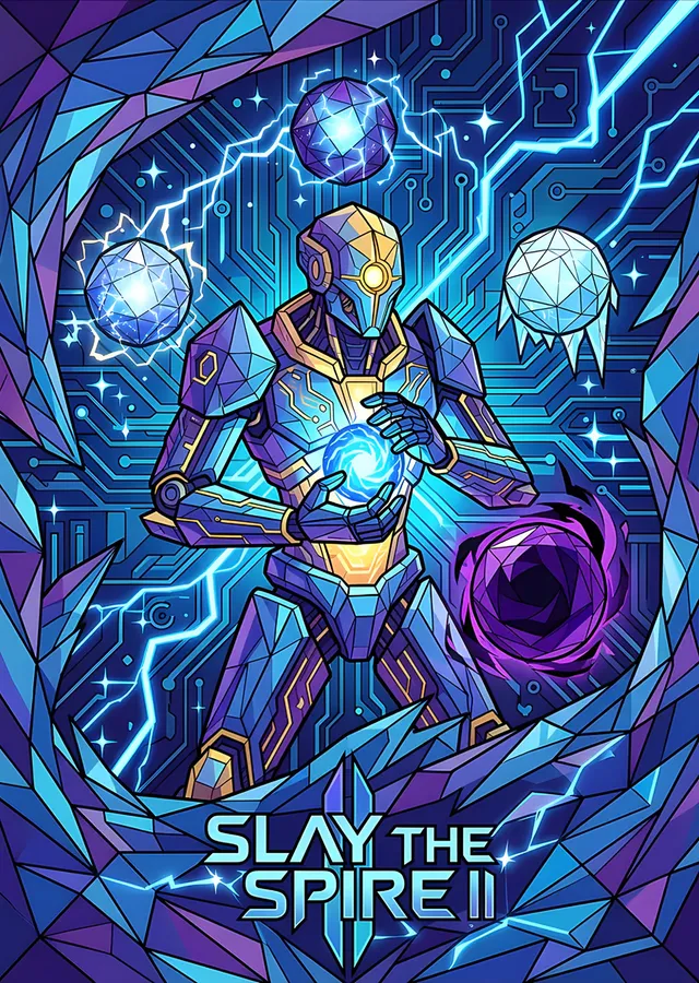 Slay the Spire II: Vitrayda Mavi Otomat ve Şimşek metal tablo
