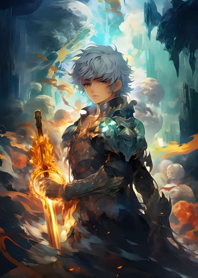 Işıyan Kılıçlı Anime Savaşçı - Turkuaz Diyar metal tablo