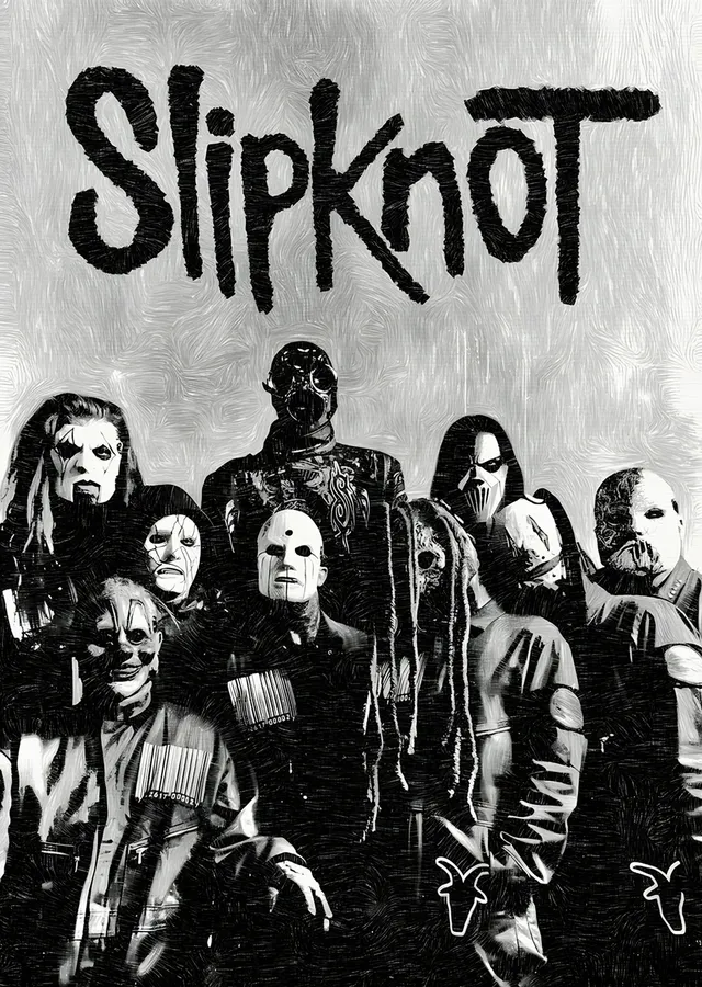 Slipknot: Beyaz Zeminde Grup Portresi metal tablo