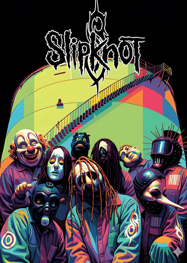 Slipknot: Renkli Zeminde Maskeli Kadro metal tablo