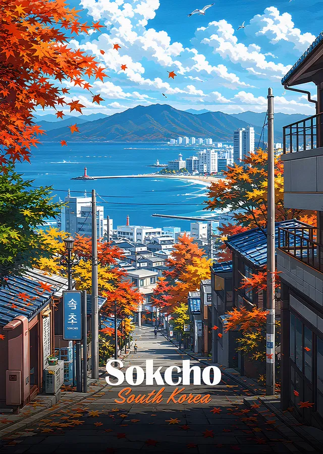 Sokcho: Sonbahar Yokuşundan Deniz Manzarası metal tablo