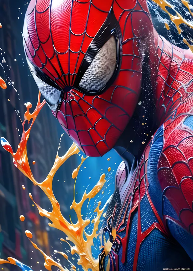 Spider-Man - Turuncu Boya Sıçramalı Yakın Plan metal tablo