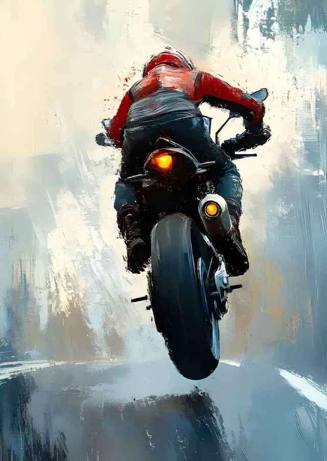 Wheelie Anı - Kırmızı Motorcunun Arkadan Görünüşü metal tablo