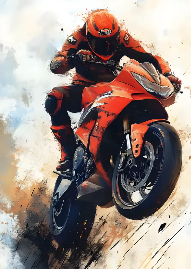 Turuncu Sportbike - Toz Bulutunda Wheelie metal tablo