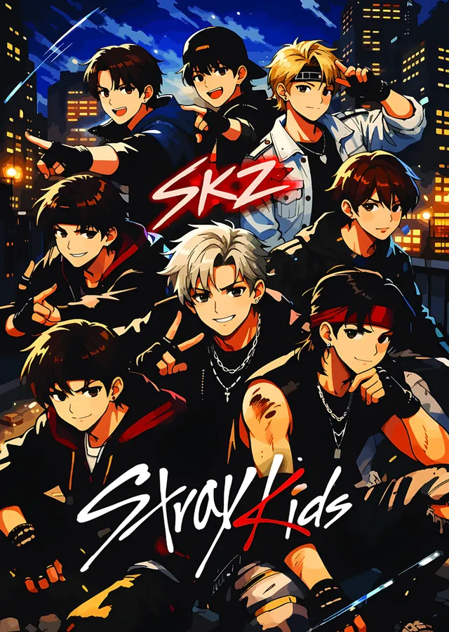 Stray Kids: Gece Şehrinde Anime Kadrosu metal tablo