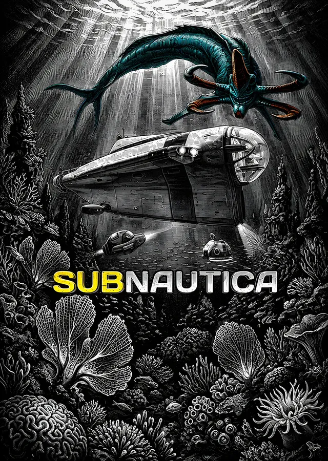 Subnautica: Gravürde Denizaltı ve Yaratık metal tablo