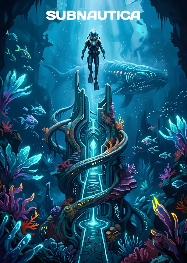 Subnautica: Işıldayan Bitkilerin Arasında Dalgıç metal tablo