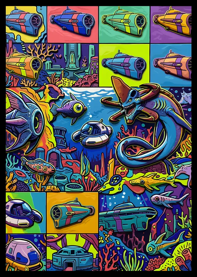 Subnautica: Pop Art Karelerde Sualtı Kolajı metal tablo