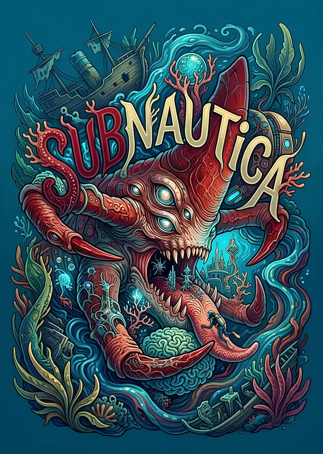 Subnautica: Süslemeli Zeminde Kızıl Leviathan metal tablo