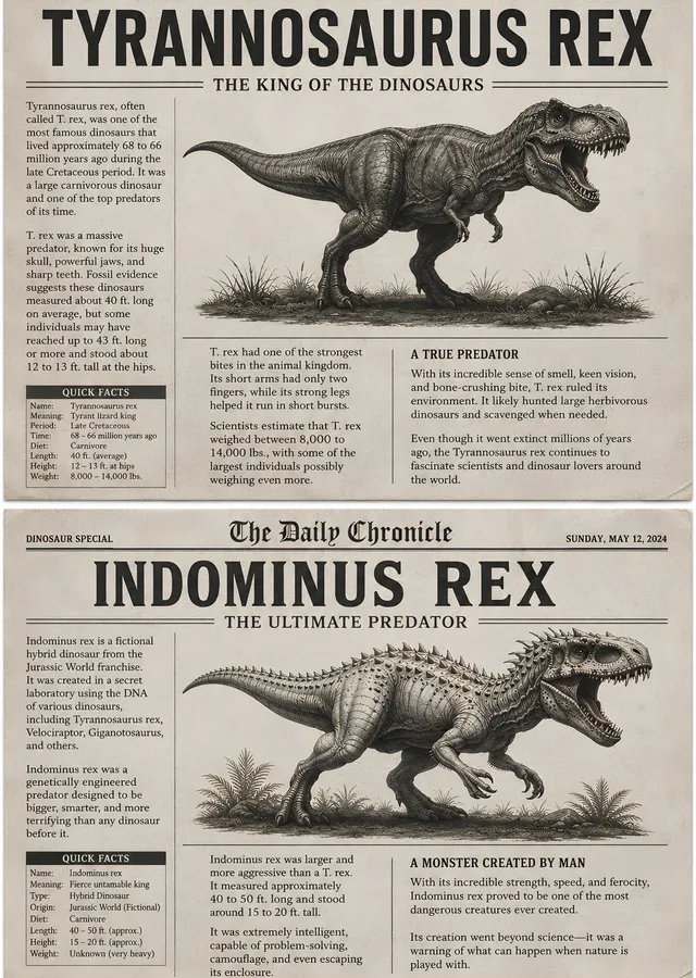 T-Rex ve Indominus Rex - Gazete Sayfası metal tablo
