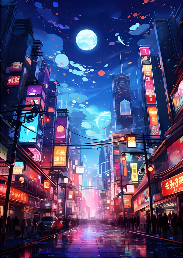 Dolunay Altında Kalabalık Neon Cadde metal tablo