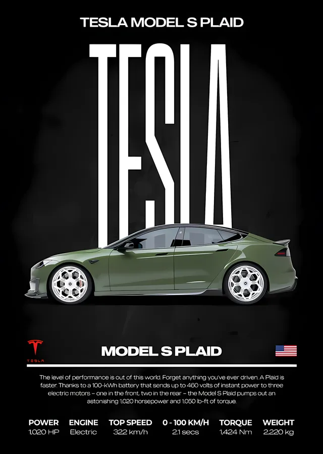 Tesla Model S Plaid: Beyaz Zemin Künyesi metal tablo