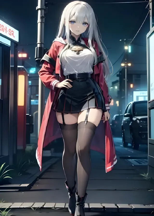 Gece Sokağında Gümüş Saçlı Anime Kızı metal tablo