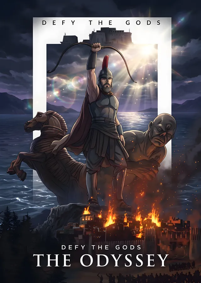 The Odyssey: Yanan Sahilde Miğferli Savaşçı metal tablo